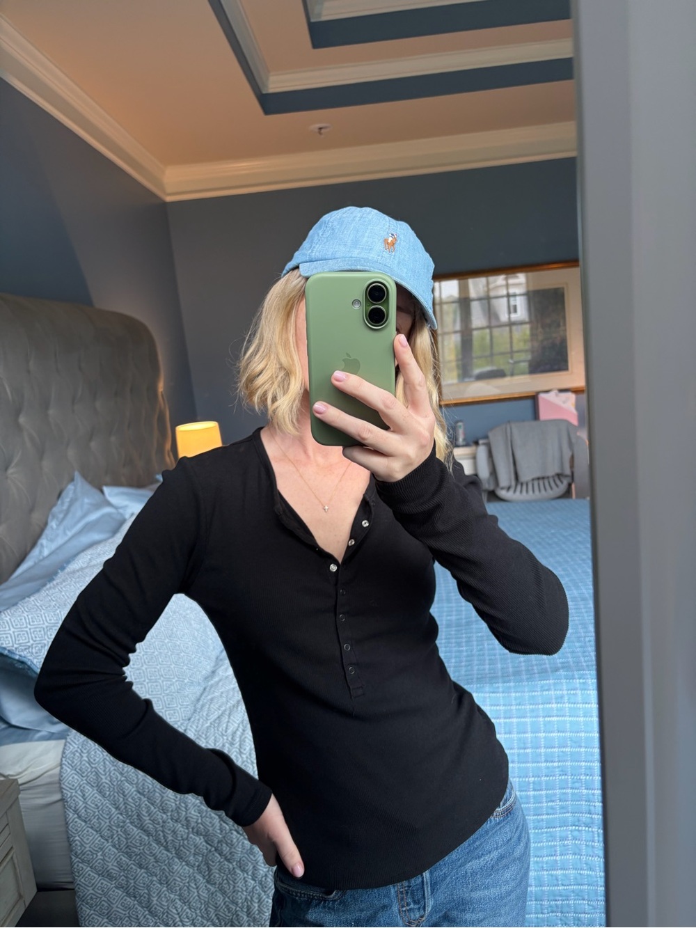 GAP Slim Black Ribbed Henley Long Sleeve Top